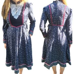 Vintage Gunne Sax 1970 Prairie Midi Dress Floral Lace Trim Cotton Blue White 5 S